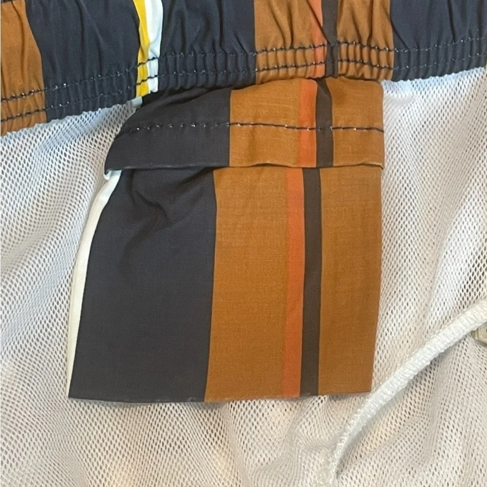 Navy and Mustard Striped Swim Trunks with Elastic Waistband